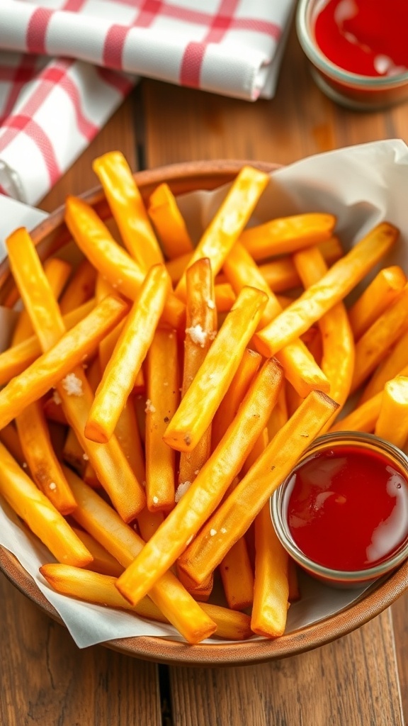 Crispy Air Fryer French Fries Recipe Crispy air fryer French fries served with ketchup on a rustic table.